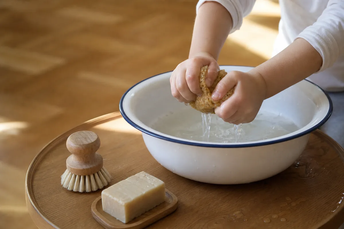 Mains d’enfant lavant une petite table avec une éponge et une bassine, lumière douce du matin